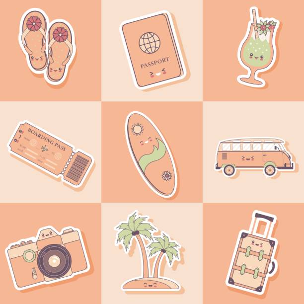 Travel stickers. Set of travelling stickers in style kawaii. Collection include flip flops, passport, cocktail, ticket, surfboard, bus, camera, palm tree, suitcase. Flat cartoon colorful vector illustration. Travel stickers. Set of travelling stickers in style kawaii. Collection include flip flops, passport, cocktail, ticket, surfboard, bus, camera, palm tree, suitcase. Flat cartoon colorful vector illustration. voyager 1 stock illustrations