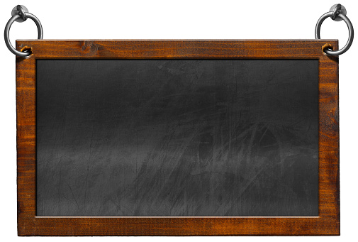 Old blank blackboard with wooden rectangular frame and steel rings for hanging. Isolated on white background and copy space, template.