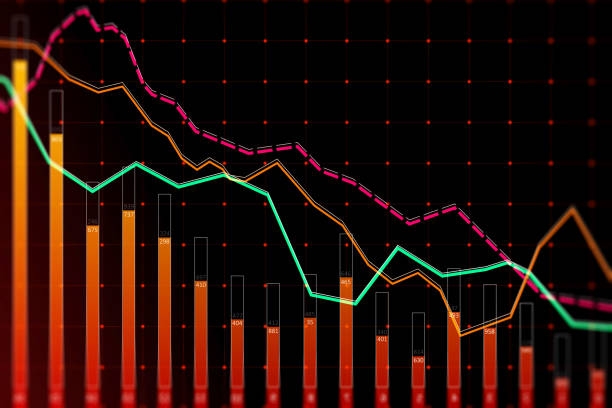 istock Downward red crisis chart grid on dark backdrop. Recession and economic fall concept. 3D Rendering. 1495030870