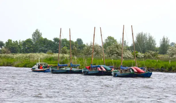 Small motorboat towing six small sailingships, the Netherlands