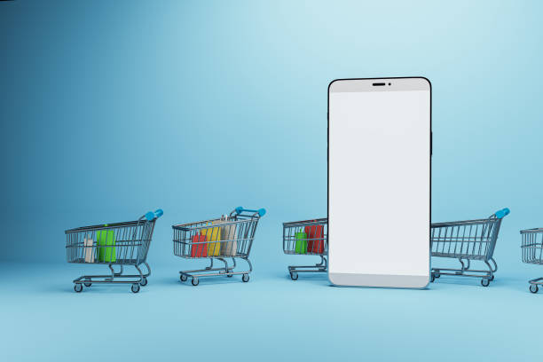 istock Creative online shopping concept with trolleys and empty white mock up smartphone screen on blue background. Shop online and digital media concept. 3D Rendering. 1495035283
