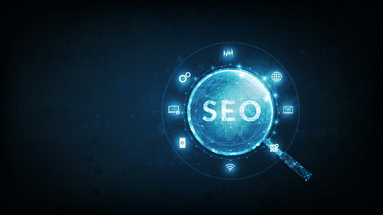 (SEO) Search Engine Optimization. Internet technology for business companies. Search engine optimization (SEO) concept on dark blue background.