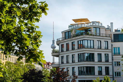 residential architecture in Berlin Prenzlauer Berg with television tower in the background