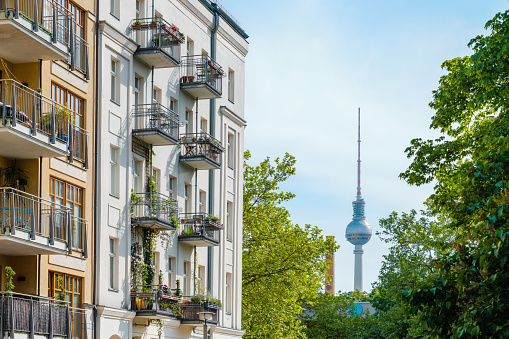 residential architecture in Berlin Prenzlauer Berg with television tower in the background