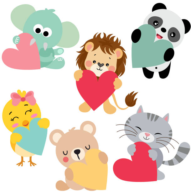 illustrazioni stock, clip art, cartoni animati e icone di tendenza di set di simpatici animali di san valentino - safari animals animal feline undomesticated cat