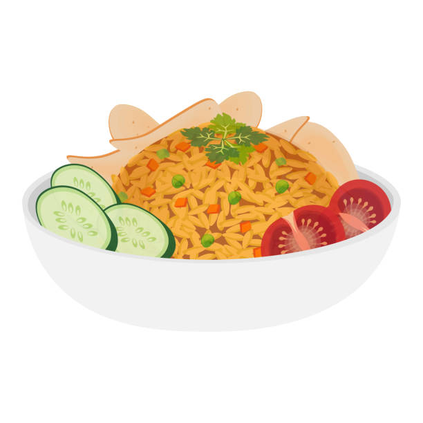 nasi goreng lezat dengan sayuran - nasi goreng beras ilustrasi stok