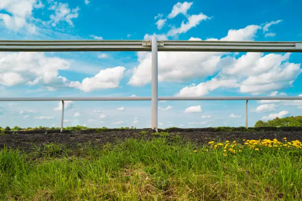 Ground level view of a typical horse racing barrier seen in Newmarket, UK. The track is located at Warren Hill.