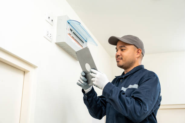 istock Electrician man in uniform using tablet for maintenance or fixing switches sockets  circuit breaker electrical system. Technician fixing an electric fuse at home. Home service concept. 1495043081