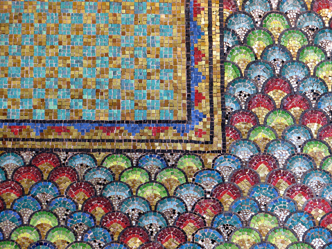 Background of colorful mosaic tiles. Ancient Arabic patterns on the Dome of the Rock, Temple mount, Jerusalem, Israel