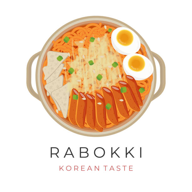 ilustraciones, imágenes clip art, dibujos animados e iconos de stock de ramyeon coreano hervido con tteokbokki o rabokki - fish cakes illustrations