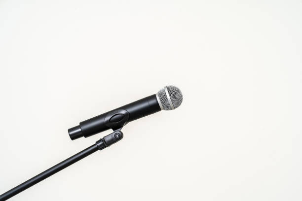 istock Microphone with stand on isolated white background for singer and speaker. Wireless microphone. High quality dynamic microphone 1495045094