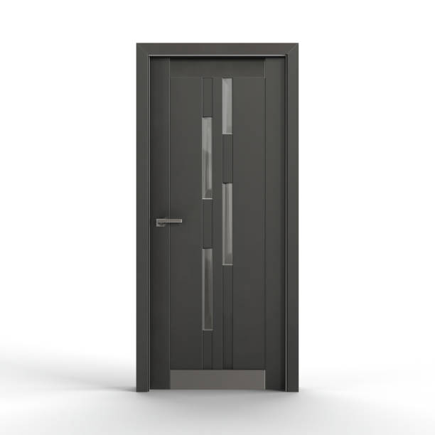 istock Black door with metal handle and hinges on a white background - 3D render 1495045158