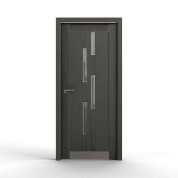 black door with metal handle and hinges on a white background - 3d render - solidness imagens e fotografias de stock