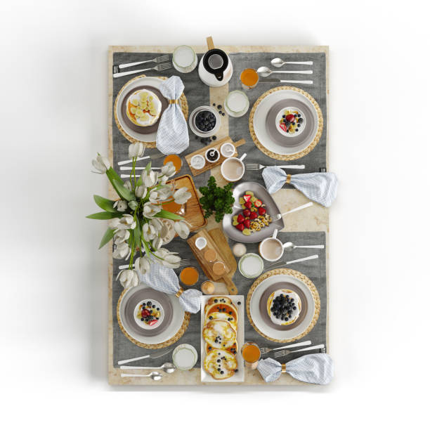mesa de desayuno con varios tipos de comida sobre un fondo blanco - render 3d - omelet bacon tomato fruit fotografías e imágenes de stock