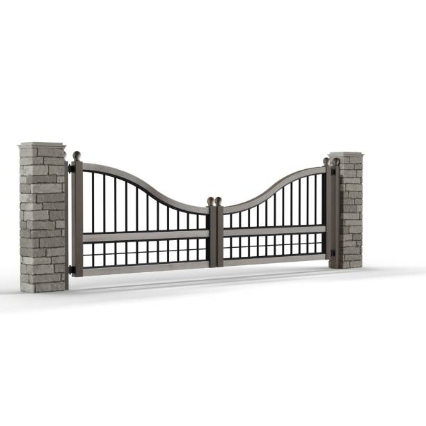 istock Ornate metal gate stands between two brick pillars - 3D rendering illustration 1495045219