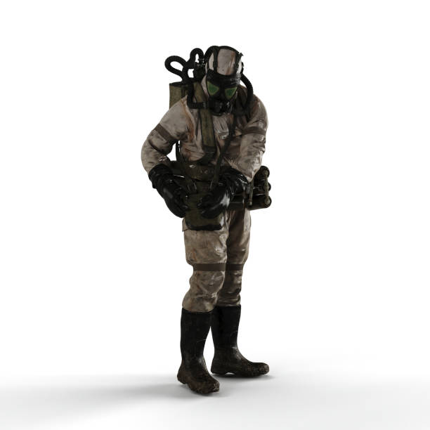 istock Man wearing a protective chemical suit against a white background - 3D render illustration 1495045253