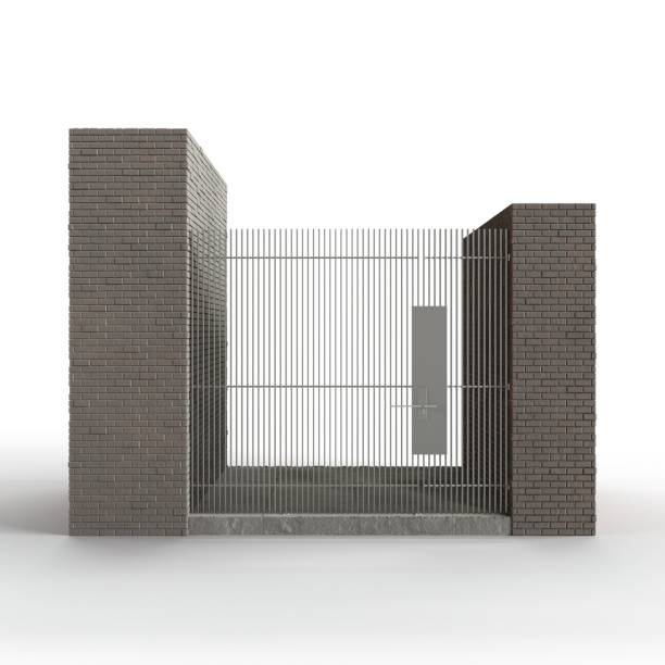 Ornate metal gate stands between two brick pillars - 3D rendering illustration