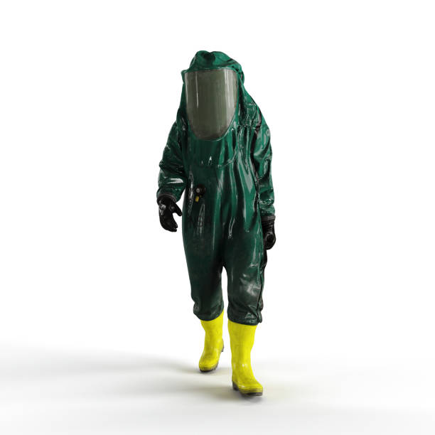 istock Man wearing a protective chemical suit against a white background - 3D render illustration 1495045282