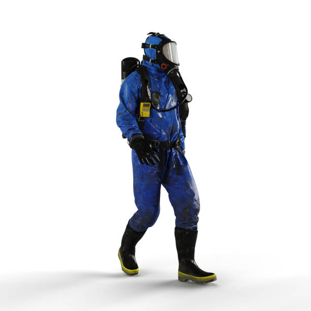 istock Man wearing a protective chemical suit against a white background - 3D render illustration 1495045299