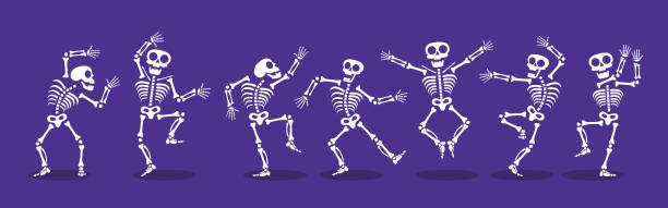 Skeletons dancing with different positions flat style design vector illustration set. Skeletons dancing with different positions flat style design vector illustration set. Funny dancing Halloween or Day of the dead skeletons collection. Creepy, scary human bones characters silhouettes. human skeleton stock illustrations