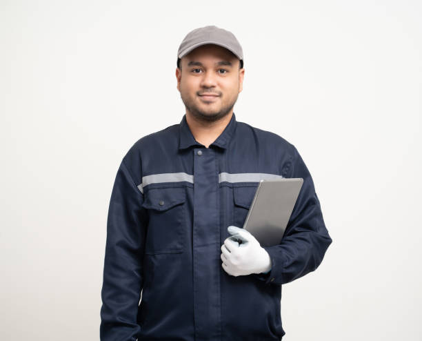 istock Technician workers in uniform maintenance service with tablet. Profession of service industry house repair. Home services isolated background. 1495045431
