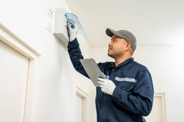 istock Electrician man in uniform using tablet for maintenance or fixing switches sockets  circuit breaker electrical system. Technician fixing an electric fuse at home. Home service concept. 1495045446