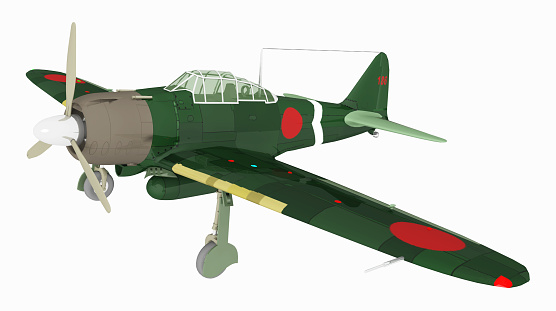Computer generated 3D illustration with a Japanese fighter plane of World War II isolated on white background