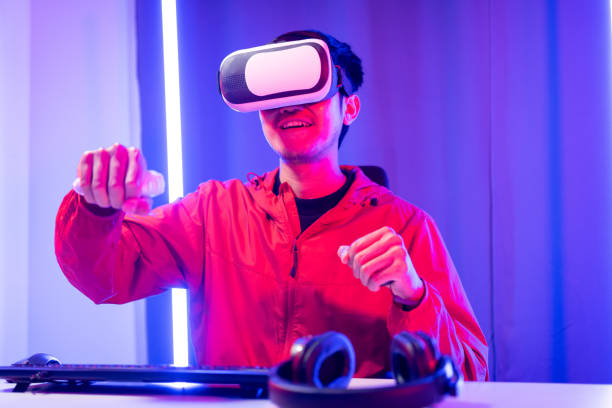 istock Young man interesting with virtual simulated world. Into the future digital cyber universe. Future technology vr concept. 1495046078