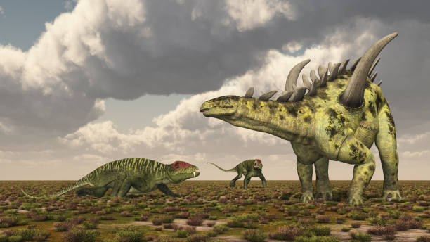 Computer generated 3D illustration with the Doliosauriscus and the dinosaur Diabloceratops in a landscape