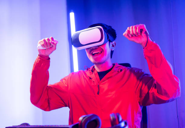 istock Young man interesting with virtual simulated world. Into the future digital cyber universe. Future technology vr concept. 1495046904