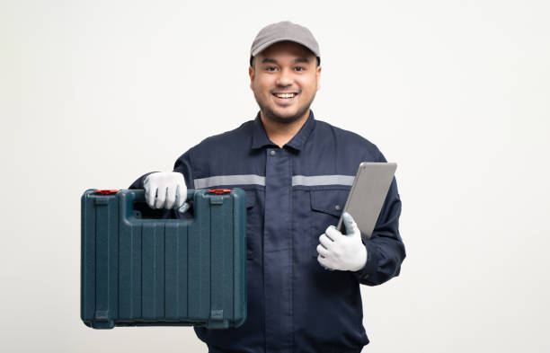 istock Technician workers in uniform maintenance service with equipment tools box. Profession of service industry house repair. Home services isolated background. 1495047112