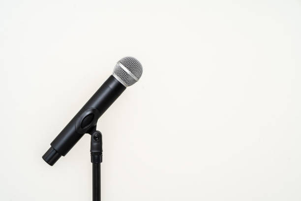 istock Microphone with stand on isolated white background for singer and speaker. Wireless microphone. High quality dynamic microphone 1495047125