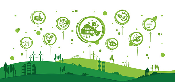 The concept of carbon credit with icons. Tradable certificate to drive industry and company to the direction of low emissions and carbon offset solution. Green vector illustration template.