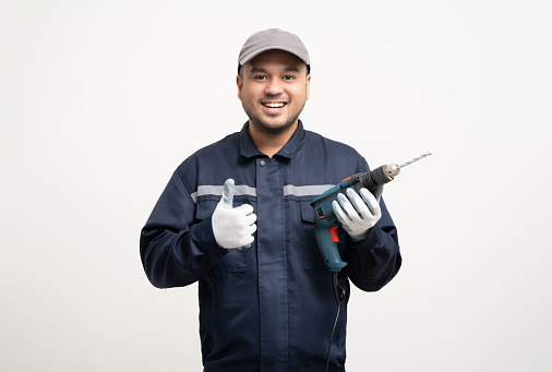 Technician workers in uniform maintenance service with equipment tools box and drill. Profession of service industry house repair. Home services isolated background.