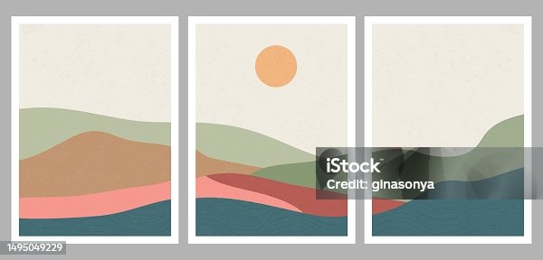 istock Mid century modern minimalist art print. Abstract contemporary aesthetic backgrounds landscape with forest and mountains. vector illustrations 1495049229