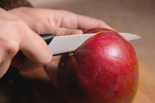 istock Fresh ripe organic mango close-up. Woman cutting mango on cutting board, preparing fruit salad for dinner or breakfast 1495051164