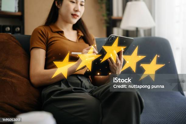 Customer Or Client The Stars To Complete Five Stars With Copy Space Giving A Five Star Rating Service Rating Satisfaction Concept In Office Stock Photo - Download Image Now
