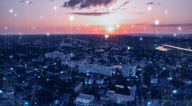 Telecommunication and communication network on city.Smart city development concept.