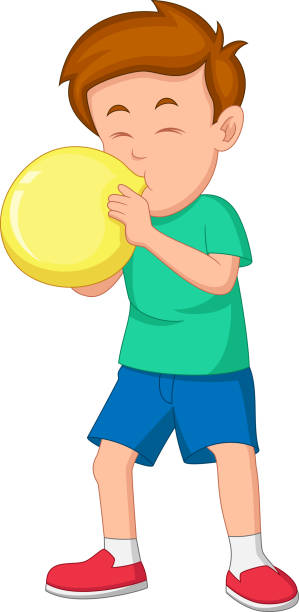 ilustraciones, imágenes clip art, dibujos animados e iconos de stock de lindo chico soplando globos - balloon blowing inflating child