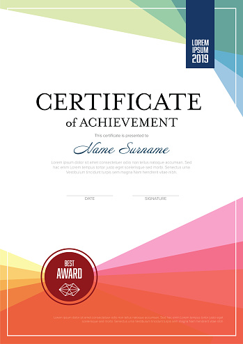 Modern art vertical colorful certificate of achievement template with place for your content - vertical  premium modern rainbow style version with color blocks. Artistic certificate diploma template.