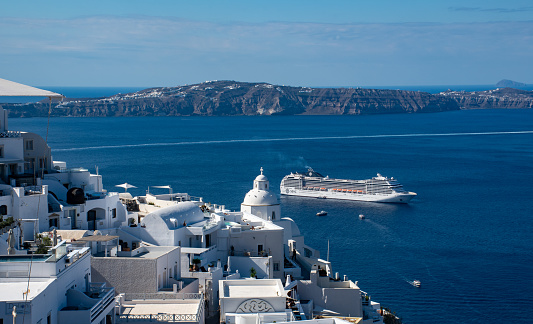 Fira santorini Greece -22 September 2022:  MSC Cruise Ship Musica in bay of Fira