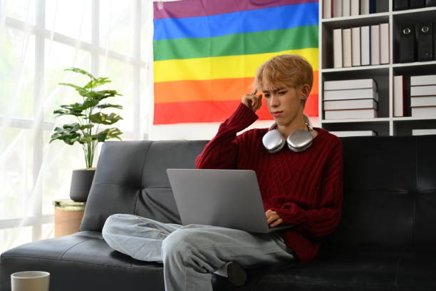 istock Confused male student learning distantly, watching online lecture on laptop while sitting on couch with LGBT flag in the background. 1495055671