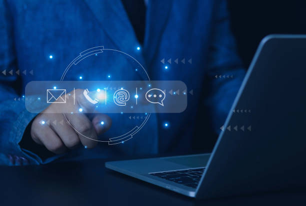 istock Businessman pointing email, address, live chat, wifi internet on virtual screen. 1495058394