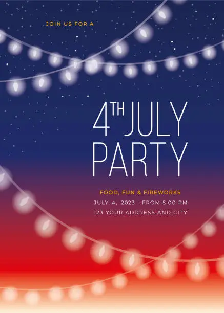 Vector illustration of Fourth of July Party Invitation Template with String Lights.