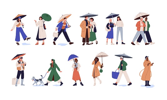 People holding umbrellas in hands, walking among puddles, standing under rain. Characters in rainy weather outdoor. Friends, couples in downpour. Flat vector illustrations isolated on white background.