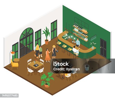 istock Cozy cafe - modern colorful vector isometric illustration 1495077485