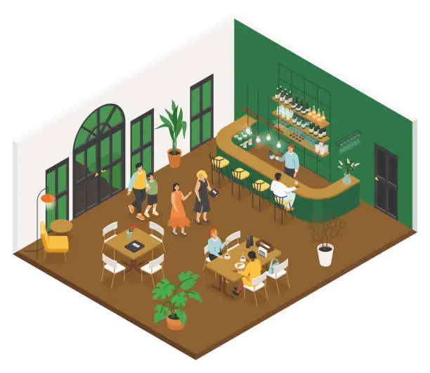 Vector illustration of Cozy cafe - modern colorful vector isometric illustration