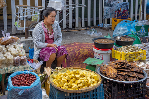 Morning Market, Luang Prabang, Laos - March 15th 2023: Woman in a small shop waiting for customers at the morning market which is the main food distribution site in the former capital of Laos
