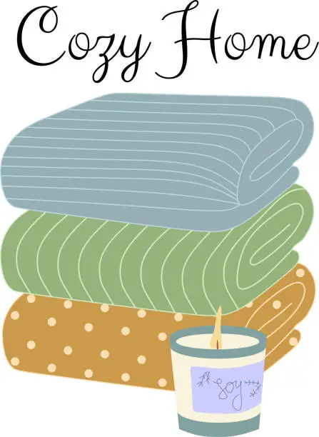Vector illustration of Three wool blankets with fringes and a candle.