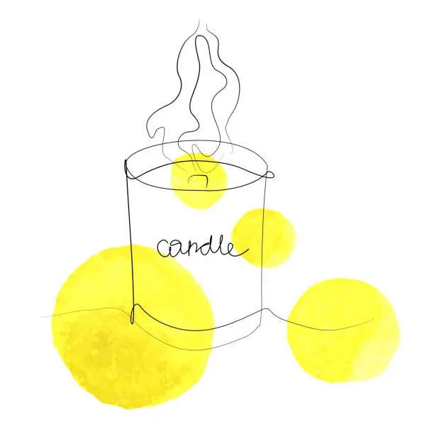 Vector illustration of Burning aroma candles one line art. Continuous line drawing of comfort theme and romance. Yellow watercolor blotches